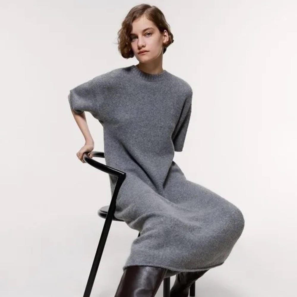 (B2) ZARA NWT Gray Wool Blend Knit Midi Dress | Oversized Chic Sweater Dress S
